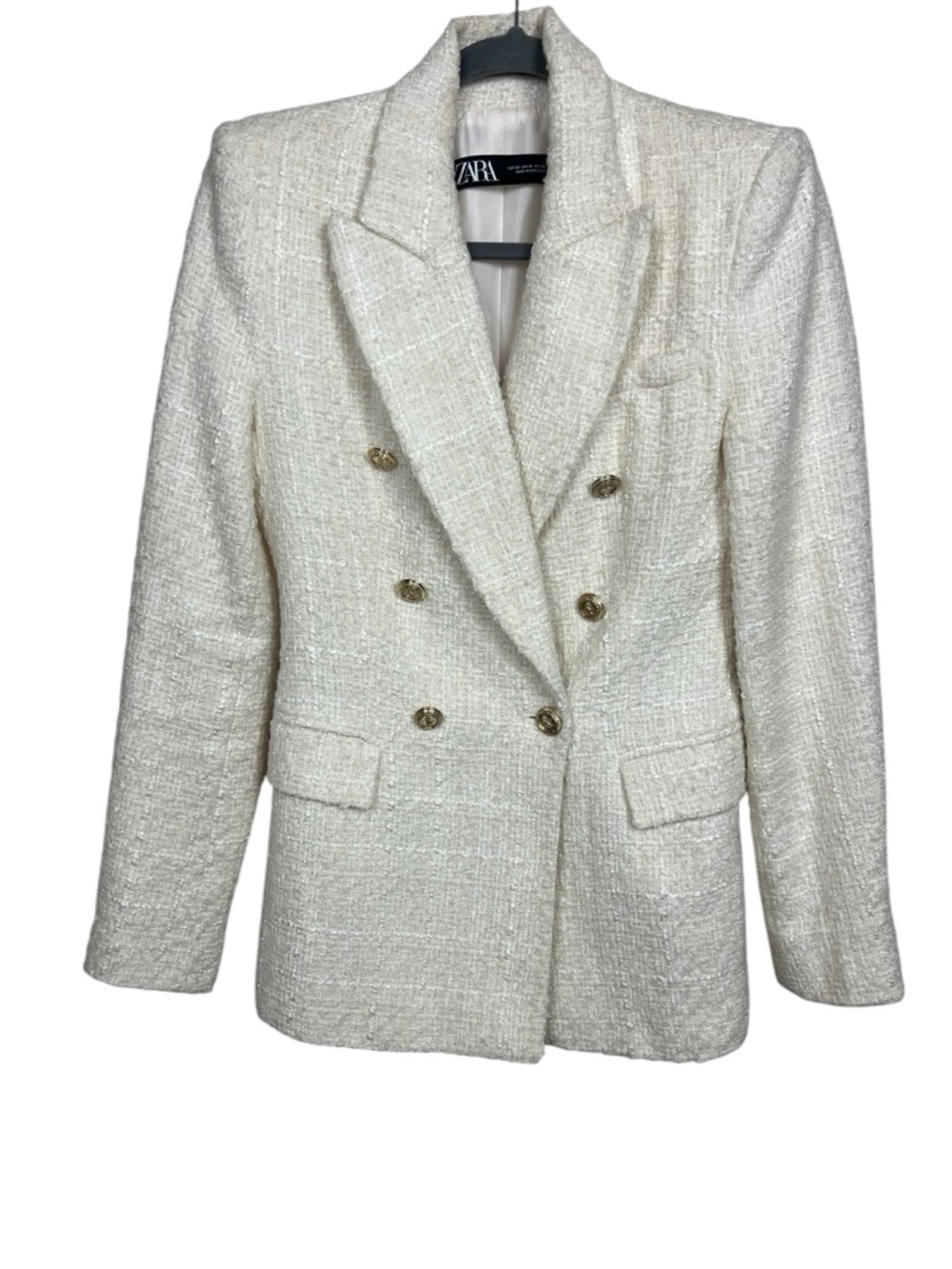 ZARA IVORY DOUBLE BREASTED TEXTURED WEAVE TWEED BLAZER JACKET XS - Picture 6 of 14